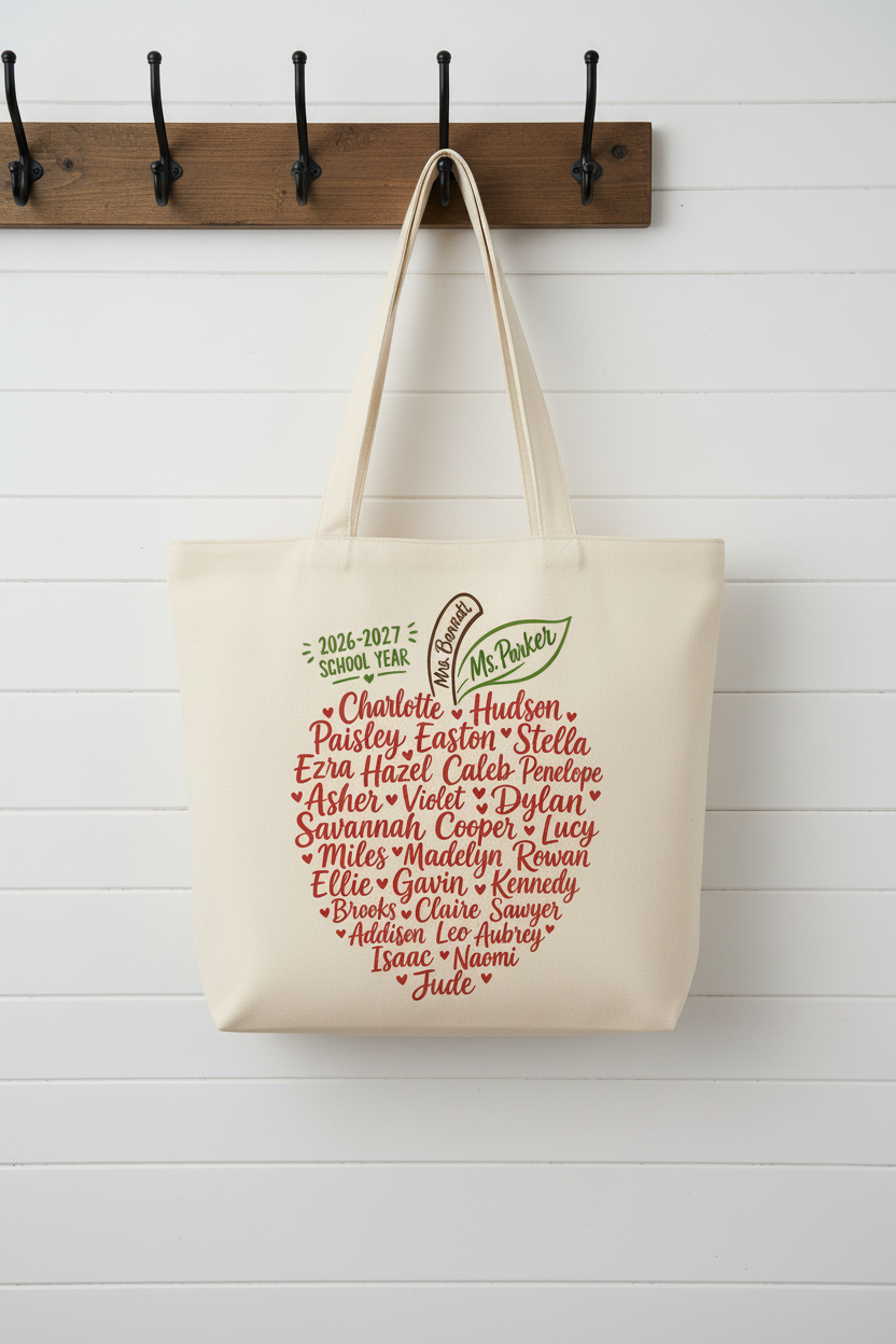 Personalized Teacher Class Name Apple Tote