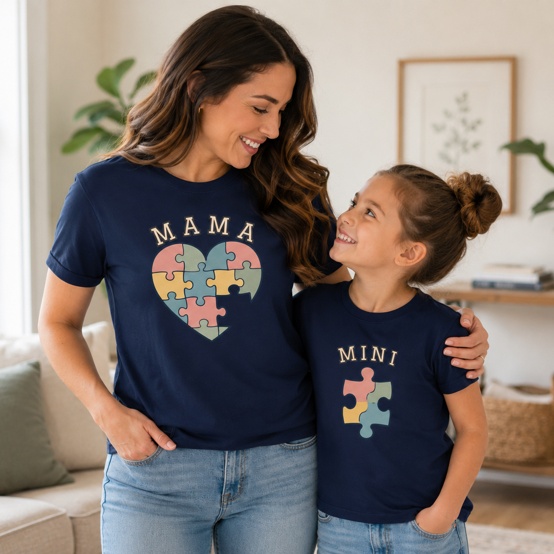 Puzzle Heart Mama & Mini Matching Comfort Colors® T-Shirt Set – Adult + Youth