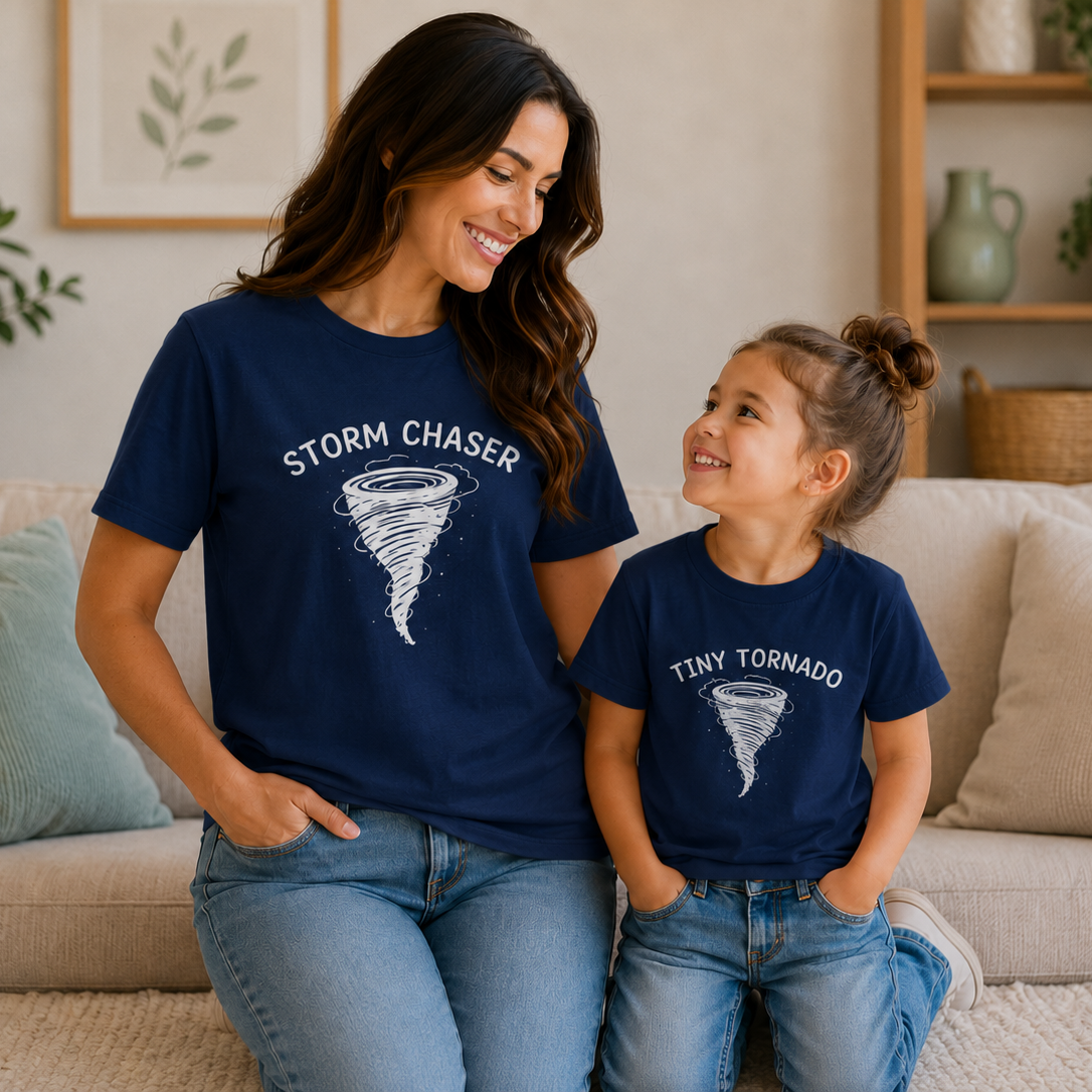 Storm Chaser & Tiny Tornado Matching Comfort Colors® T-Shirt Set – Adult + Youth